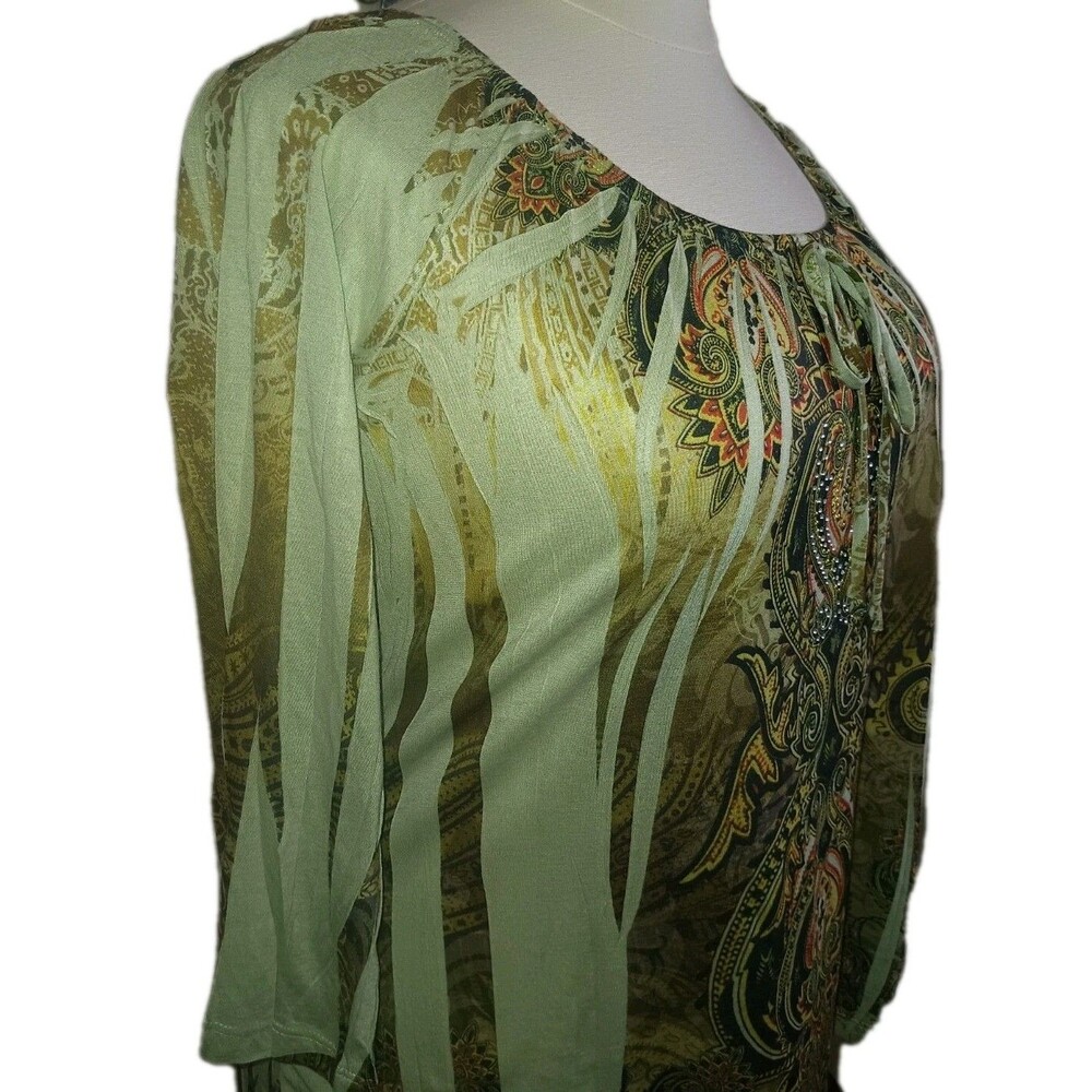 NWT SAINT TROPEZ WEST Womens 1X Boho Peasant Green Paisley Bling 3/4 Sleeve Top - Picture 3 of 12